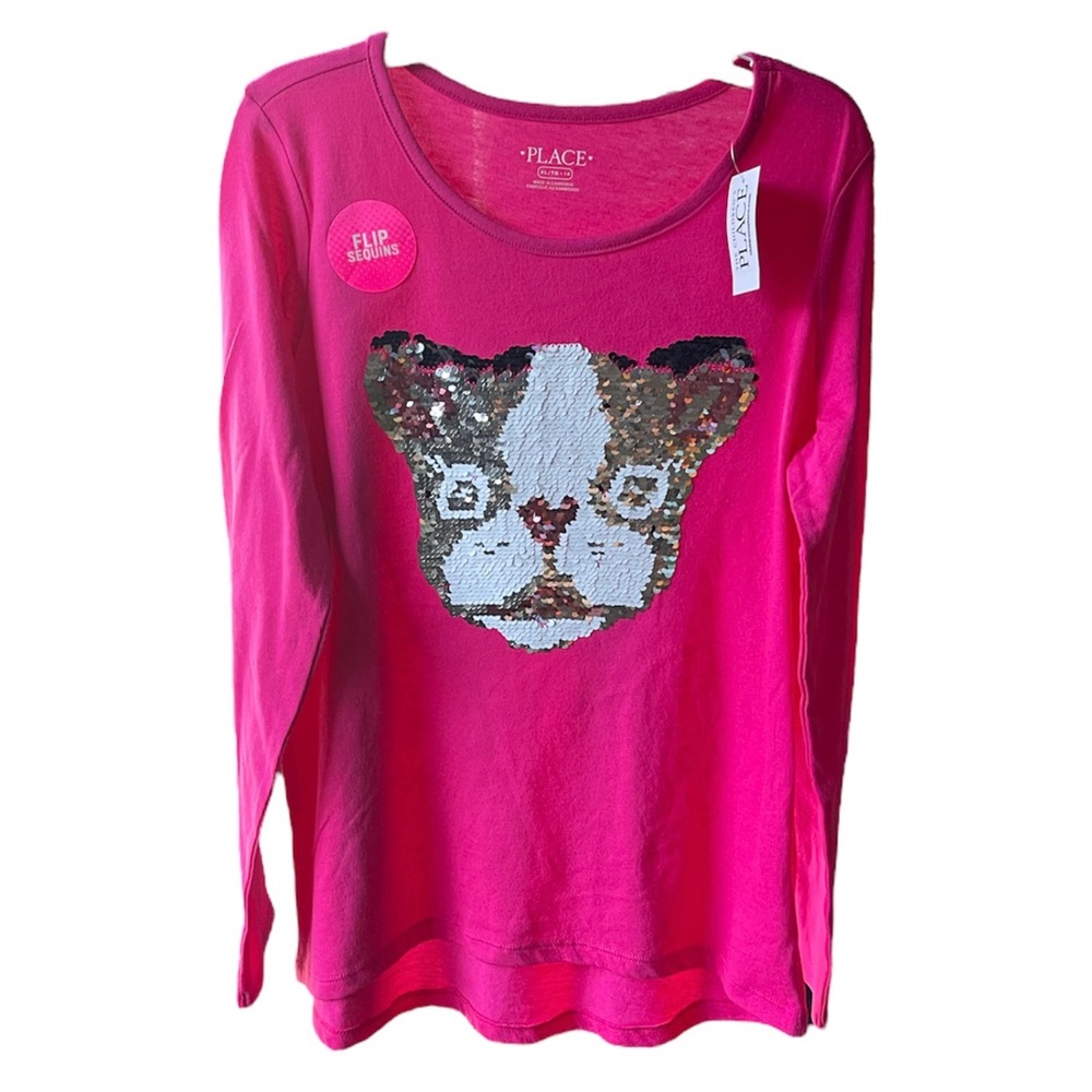 Girl's The Children's Place Size Large Pink Flip Sequin French Bulldog